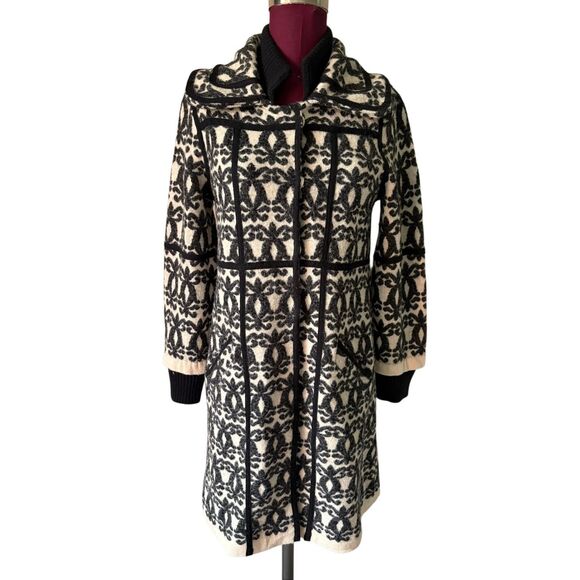 Heather B Jacquard Wool Blend Coat size M Snap Front Cream Gray - Picture 1 of 10
